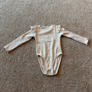 Zara Cream Ribbed Long-Sleeve Ruffle Shoulder One-Piece